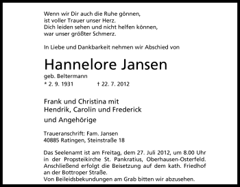 Traueranzeige von Hannelore Jansen von Tageszeitung