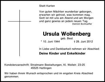 Traueranzeige von Ursula Wollenberg von Tageszeitung