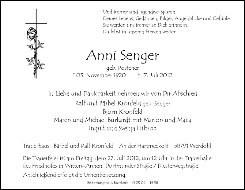  Traueranzeige für Anni Senger vom 21.07.2012 aus Tageszeitung