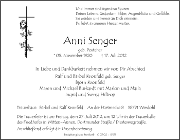 Traueranzeige von Anni Senger von Tageszeitung