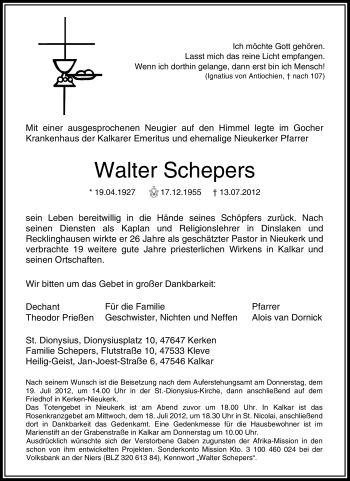 Traueranzeige von Walter Schepers von Tageszeitung