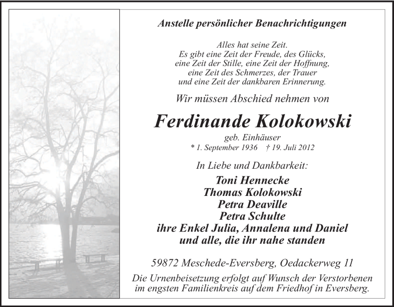  Traueranzeige für Ferdinande Kolokowski vom 25.07.2012 aus Tageszeitung