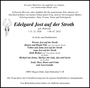 Traueranzeige von Edelgard Jost auf der Stroth von Tageszeitung