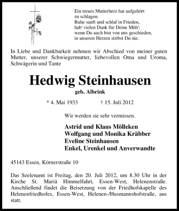 Traueranzeige von Hedwig Steinhausen von Tageszeitung