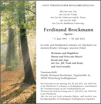 Traueranzeige von Ferdinand Brockmann von Tageszeitung