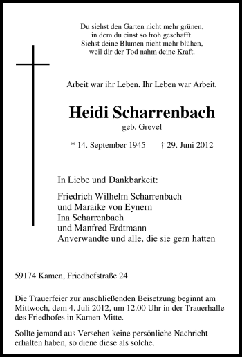 Traueranzeige von Heidi Scharrenbach von Tageszeitung