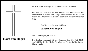 Traueranzeige von Horst von Hagen von Tageszeitung