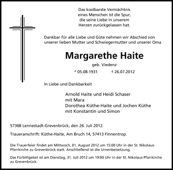 Traueranzeige von Margarethe Haite von Tageszeitung