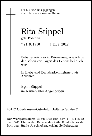 Traueranzeige von Rita Stippel von Tageszeitung