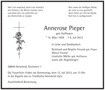 Traueranzeige von Annerose Pieper von Tageszeitung