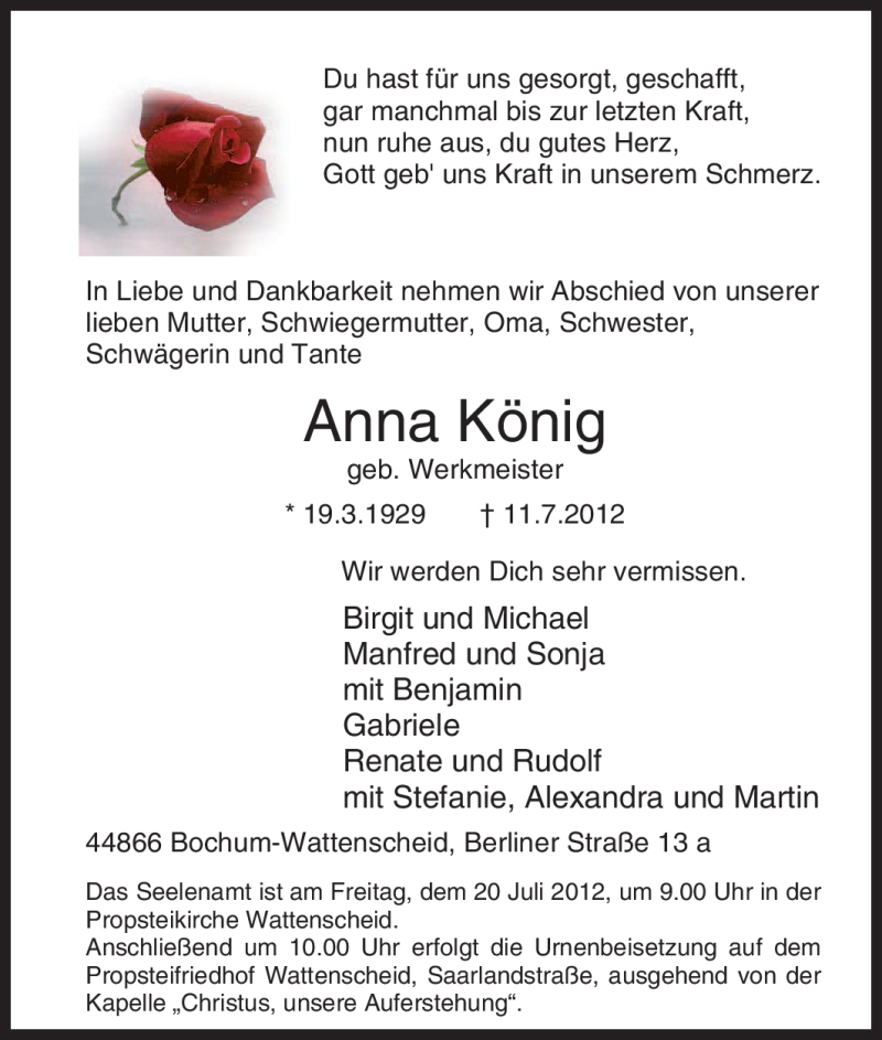  Traueranzeige für Anna König vom 12.07.2012 aus Tageszeitung