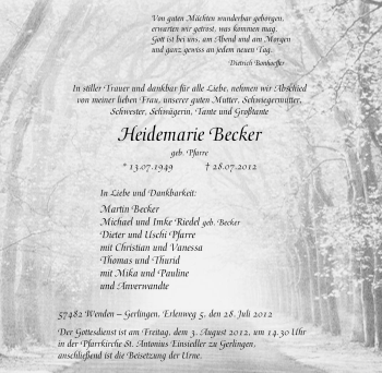 Traueranzeige von Heidemarie Becker von Tageszeitung