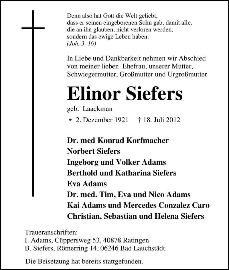  Traueranzeige für Elinor Siefers vom 26.07.2012 aus Tageszeitung
