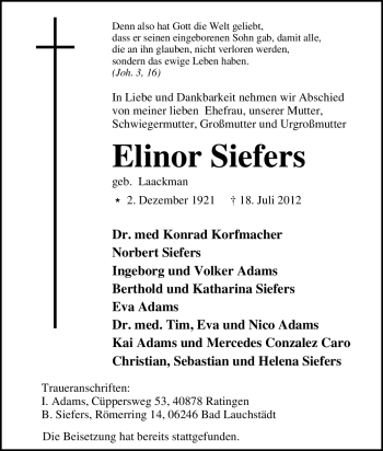 Traueranzeige von Elinor Siefers von Tageszeitung