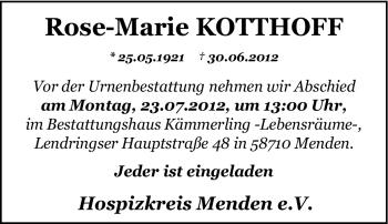 Traueranzeige von Rose-Marie Kotthoff von Tageszeitung