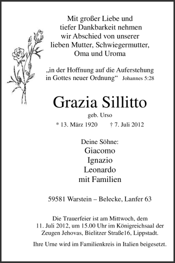 Traueranzeige von Grazia Sillitto von Tageszeitung