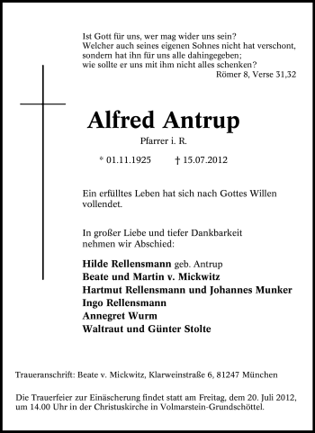 Traueranzeige von Alfred Antrup von Tageszeitung