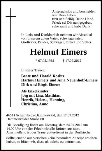 Traueranzeige von Helmut Eimers von Tageszeitung
