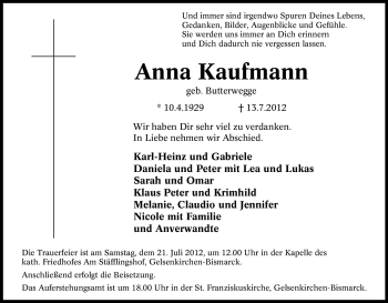 Traueranzeige von Anna Kaufmann von Tageszeitung