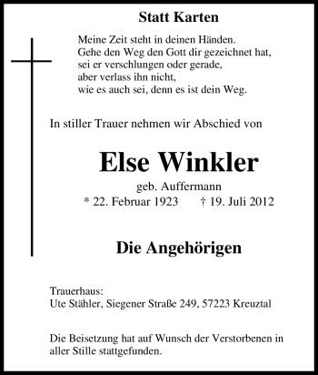 Traueranzeige von Else Winkler von Tageszeitung