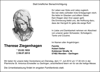 Traueranzeige von Therese Ziegenhagen von Tageszeitung