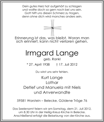 Traueranzeige von Irmgard Lange von Tageszeitung