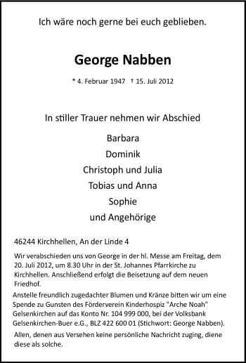 Traueranzeige von George Nabben von Tageszeitung
