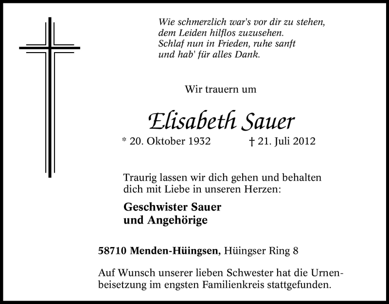  Traueranzeige für Elisabeth Sauer vom 31.07.2012 aus Tageszeitung