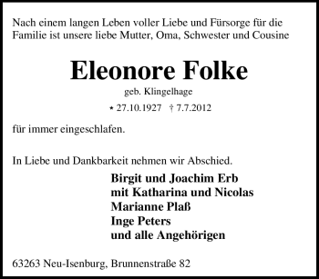 Traueranzeige von Eleonore Folke von Tageszeitung
