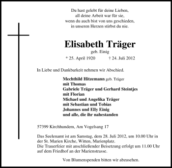 Traueranzeige von Elisabeth Träger von Tageszeitung
