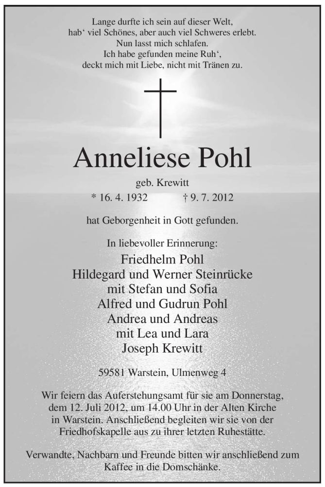  Traueranzeige für Anneliese Pohl vom 10.07.2012 aus Tageszeitung