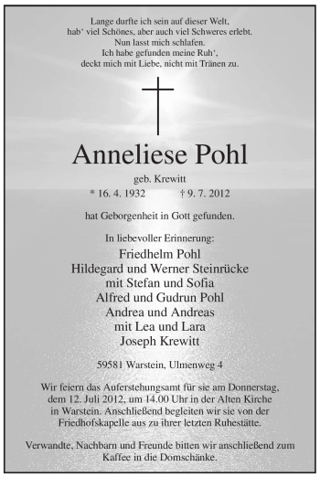 Traueranzeige von Anneliese Pohl von Tageszeitung