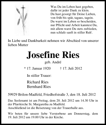 Traueranzeige von Josefine Ries von Tageszeitung