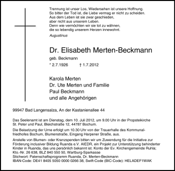 Traueranzeige von Elisabeth Merten-Beckmann von Tageszeitung