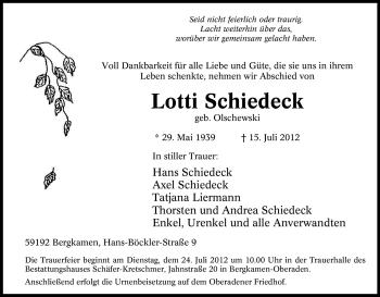 Traueranzeige von Lotti Schiedeck von Tageszeitung