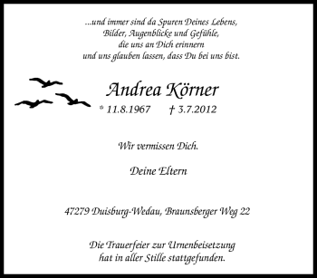 Traueranzeige von Andrea Körner von Tageszeitung