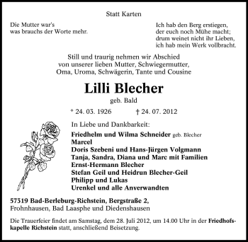 Traueranzeige von Lilli Blecher von Tageszeitung