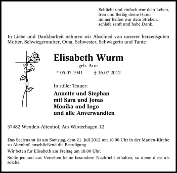 Traueranzeige von Elisabeth Wurm von Tageszeitung