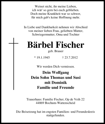 Traueranzeige von Bärbel Fischer von Tageszeitung