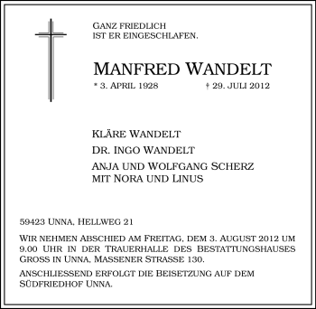 Traueranzeige von Manfred Wandelt von Tageszeitung