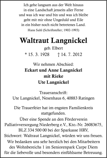 Traueranzeige von Waltraut Langnickel von Tageszeitung