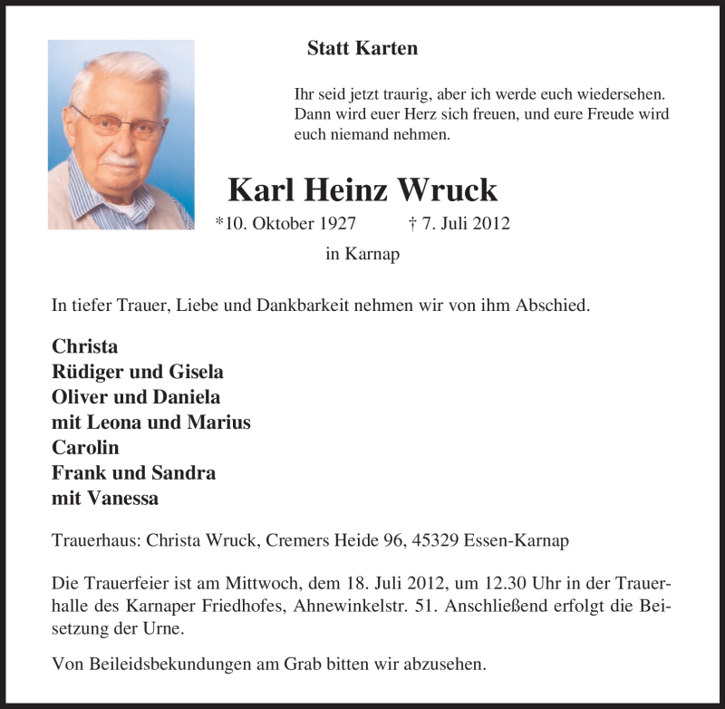  Traueranzeige für Karl Heinz Wruck vom 14.07.2012 aus Tageszeitung