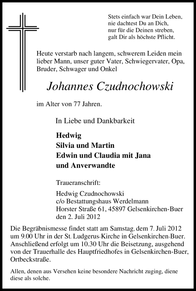 Traueranzeigen von Johannes Czudnochowski TrauerinNRW.de