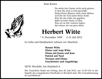 Traueranzeige von Herbert Witte von Tageszeitung
