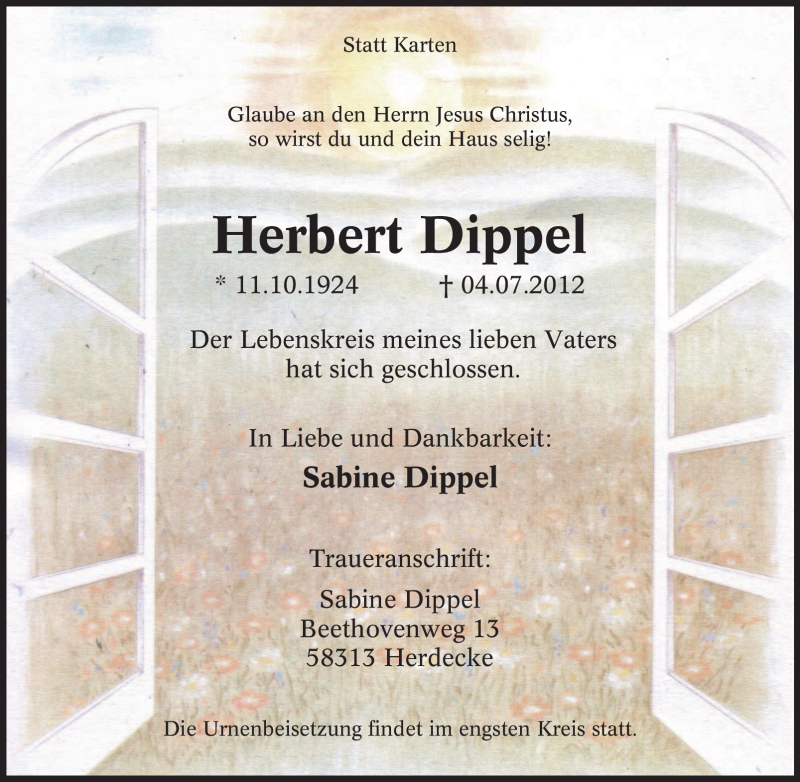  Traueranzeige für Herbert Dippel vom 14.07.2012 aus Tageszeitung