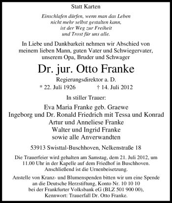 Traueranzeige von Otto Franke von Tageszeitung