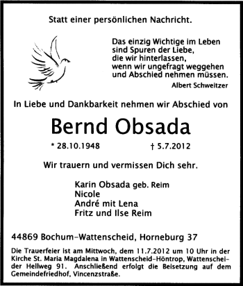 Traueranzeige von Bernd Obsada von Tageszeitung