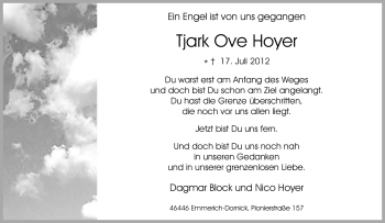 Traueranzeige von Tjark Ove Hoyer von Tageszeitung