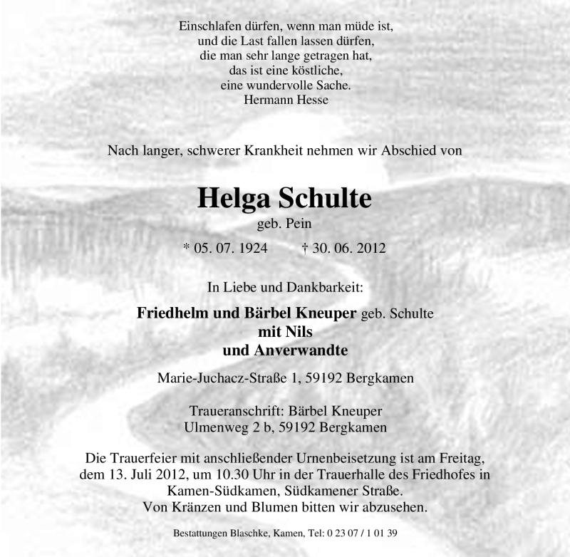  Traueranzeige für Helga Schulte vom 09.07.2012 aus Tageszeitung