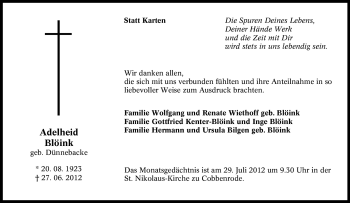 Traueranzeige von Adelheid Blöink von Tageszeitung